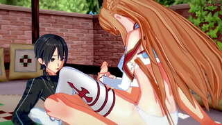 Kirito merr një blowjob nga Asuna, atëherë fucks të vështirë të saj në shtrat.